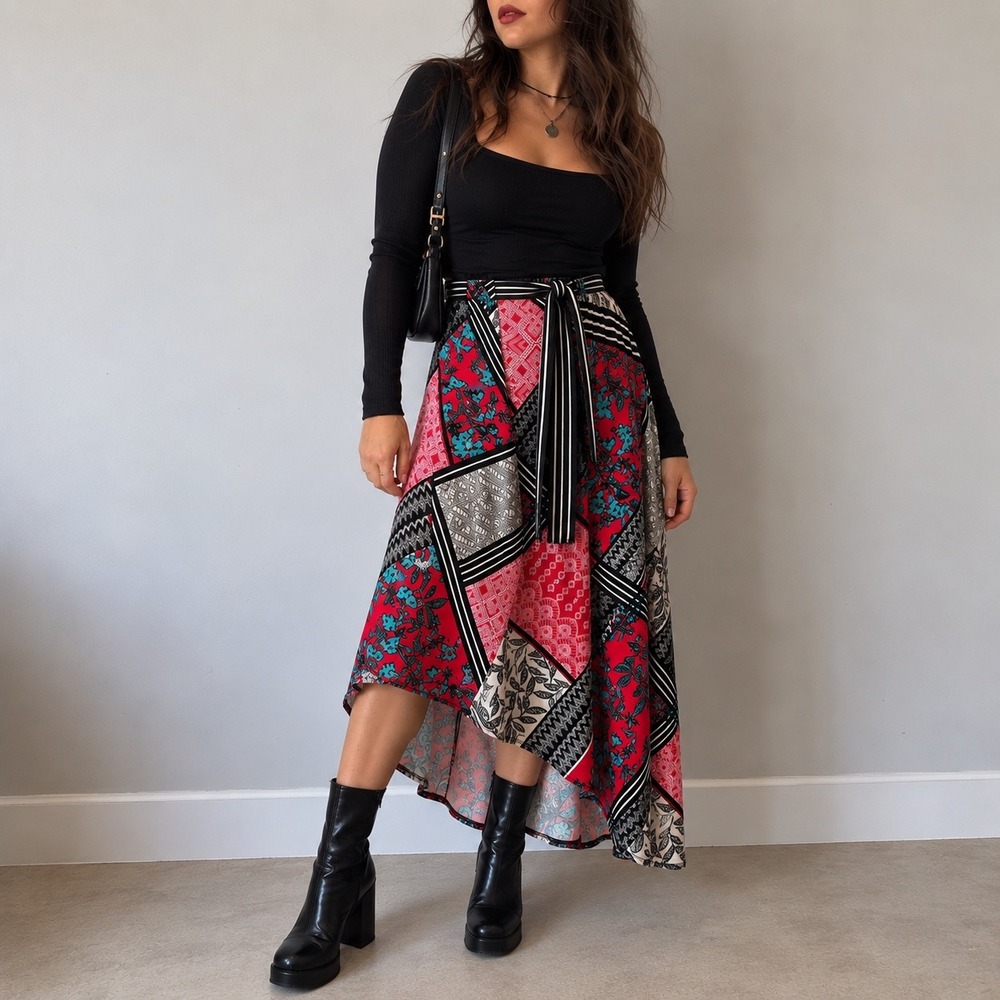 Laundry by Shelli Segal Patchwork Maxi Skirt XS Boho Scarf Print Tie Waist